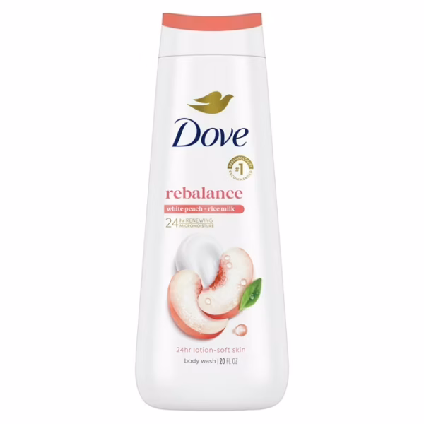 Dove Body Wash for Women Moisturizing Rebalance White Peach & Rice Milk Cleanser All Skin, 20 oz